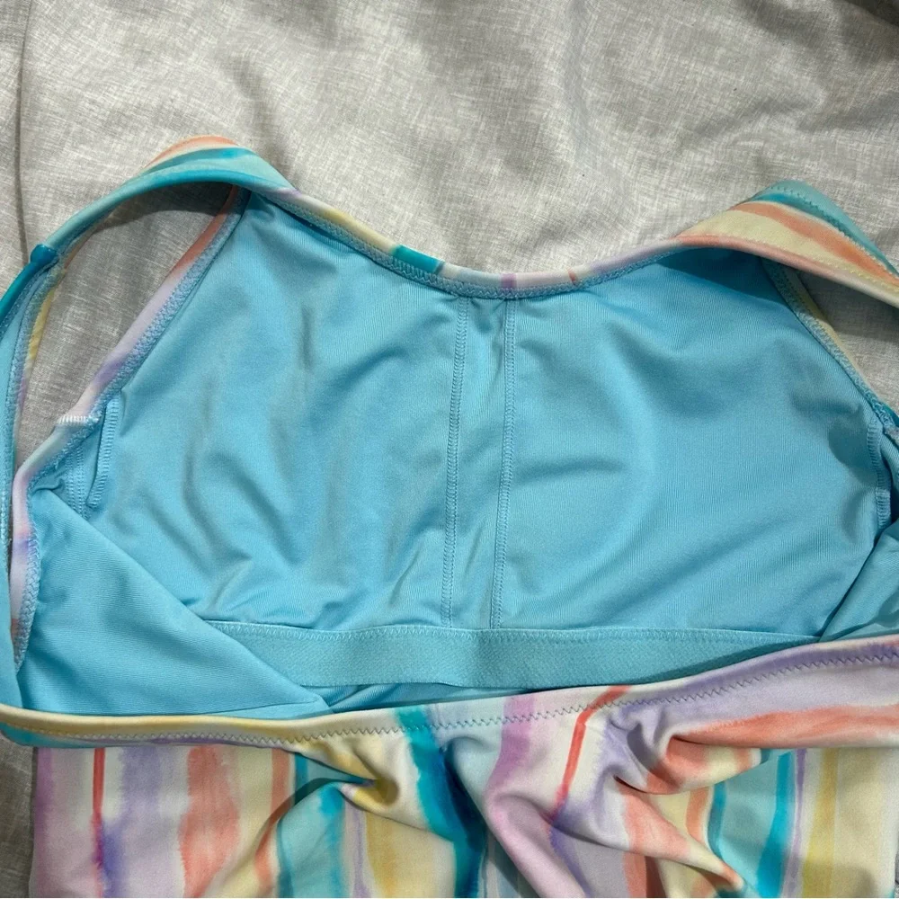 Athleta Girl Scoop One Piece Swimsuit Watercolor Stripe Blue Size Large 12